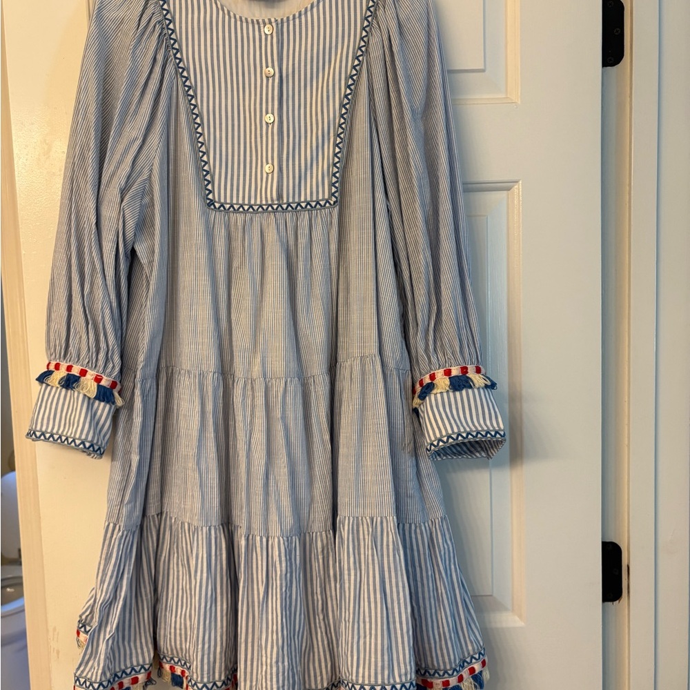 Women’s Tuckernuck Blue Stripe Tiered Dress with Embroidered Trim